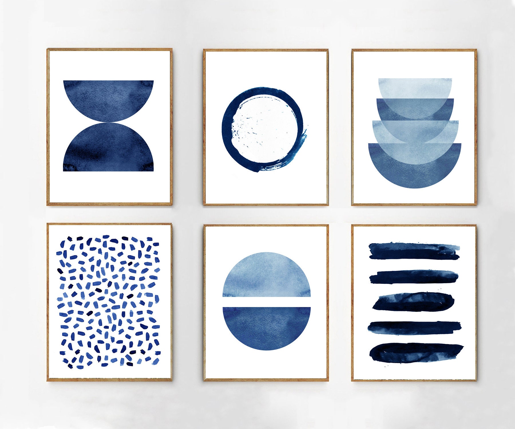 Abstract Watercolor Prints Set of 6 Blue Wall art Minimalist