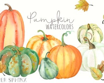 Watercolor Pumpkins Clipart | Fall Clip Art - Pumpkins and Leaves - Thanksgiving Harvest - Halloween Jack O Lantern - Digital Download