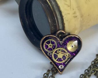 Timeless small purple steampunk heart pendant