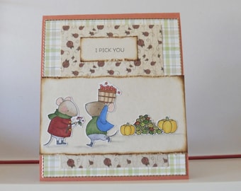 Harvest card - Thanksgiving card - Blank double greeting card - Hand colored - Main card color is ochre