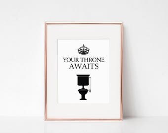Funny bathroom art, Funny bathroom signs, Toilet quotes, Funny toilet prints, Bathroom decor, 'Your throne awaits' DIGITAL FILE DOWNLOAD