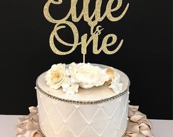 Gold Glitter Personalized One Cake Topper, Gold glitter cake topper, First birthday cake topper, Any Number and Name