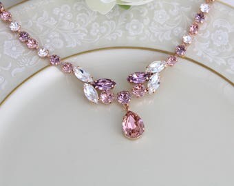 Rose gold necklace, Bridal necklace, Bridal jewelry, Statement necklace, Blush crystal necklace, Wedding jewelry, Swarovski crystal necklace