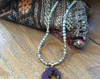 Purple Amethyst Druzy Necklace- Gold Necklace- Statement Necklace- Kendra Scott- Beaded Necklace- Purple and Gold Necklace