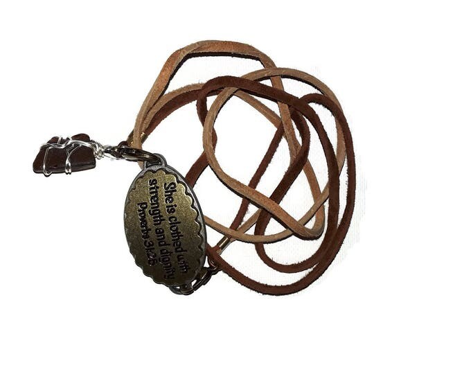 Strappy bracelet - Emerson quote Medallion - Brown beach glass charm with tan and brown leather laces and lobster claw closures