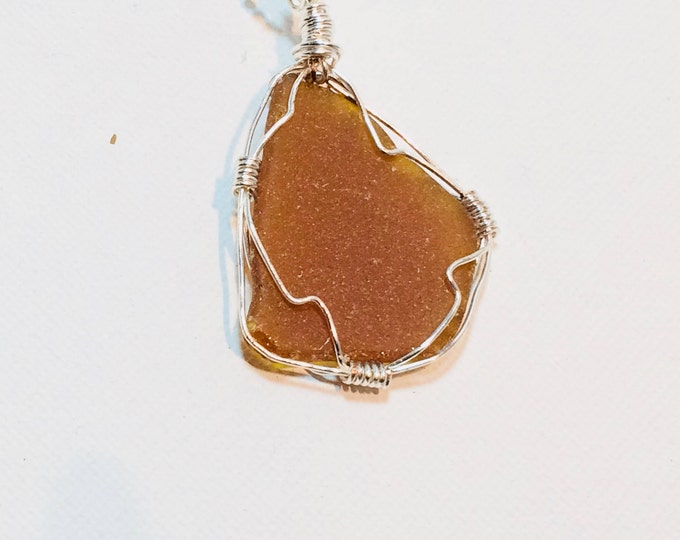 wire wrap - Brown Amber - Beach Glass - Necklace - Gift for Her - Beach Glass Jewelry
