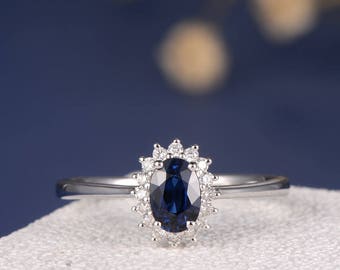 Blue Sapphire Engagement Ring Halo Princess Diana Wedding Oval Shaped Cut White Gold Diamond Traditional Promise Birthstone Anniversary