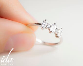 Emerald Cut Engagement Ring - Baguette Ring - Cubic Zirconia Engagement Ring - Sterling Silver Engagement Ring - Sterling Silver Ring