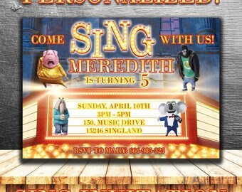 SING BIRTHDAY INVITATION,Sing Movie invite,personalized printable birthday invitations,birthday party invites,Sing digital card download diy
