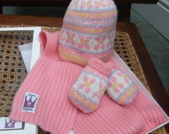 Baby Girl HAT SCARF MITTS Set - Hand Knitted Pure Cashmere - Pink & White Fair Isle - Babys Beanie Hat Mittens - New Baby Shower Gift