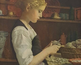 Antique Framed Print - Girl Peeling Potatoes