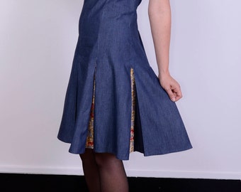 Gorgeous denim and batik pleated vintage dress