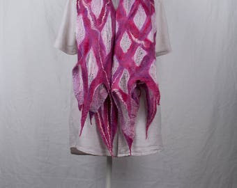 Nuno wet felted scarf in different shades of roze on light roze silk gauze