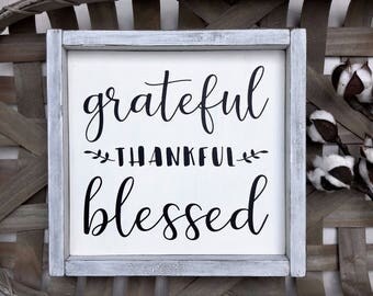 Framed Grateful Thankful Blessed Sign | Harvest Decor | Thanksgiving Decor Sign | Rustic Farmhouse Sign | Wood Grateful Thankful Blessed