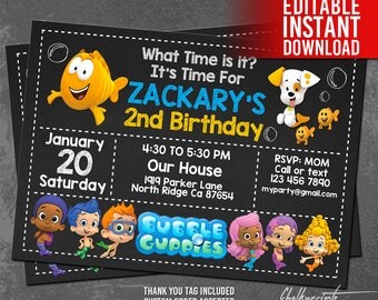 Bubble Guppies Invitation Instant Download, Bubble Guppies Birthday Invitation, Bubble Guppies Thank You Tag, Editable PDF, Instant Download