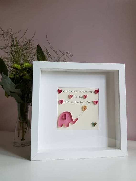 Personalised New baby girl gift Handmade framed quilled