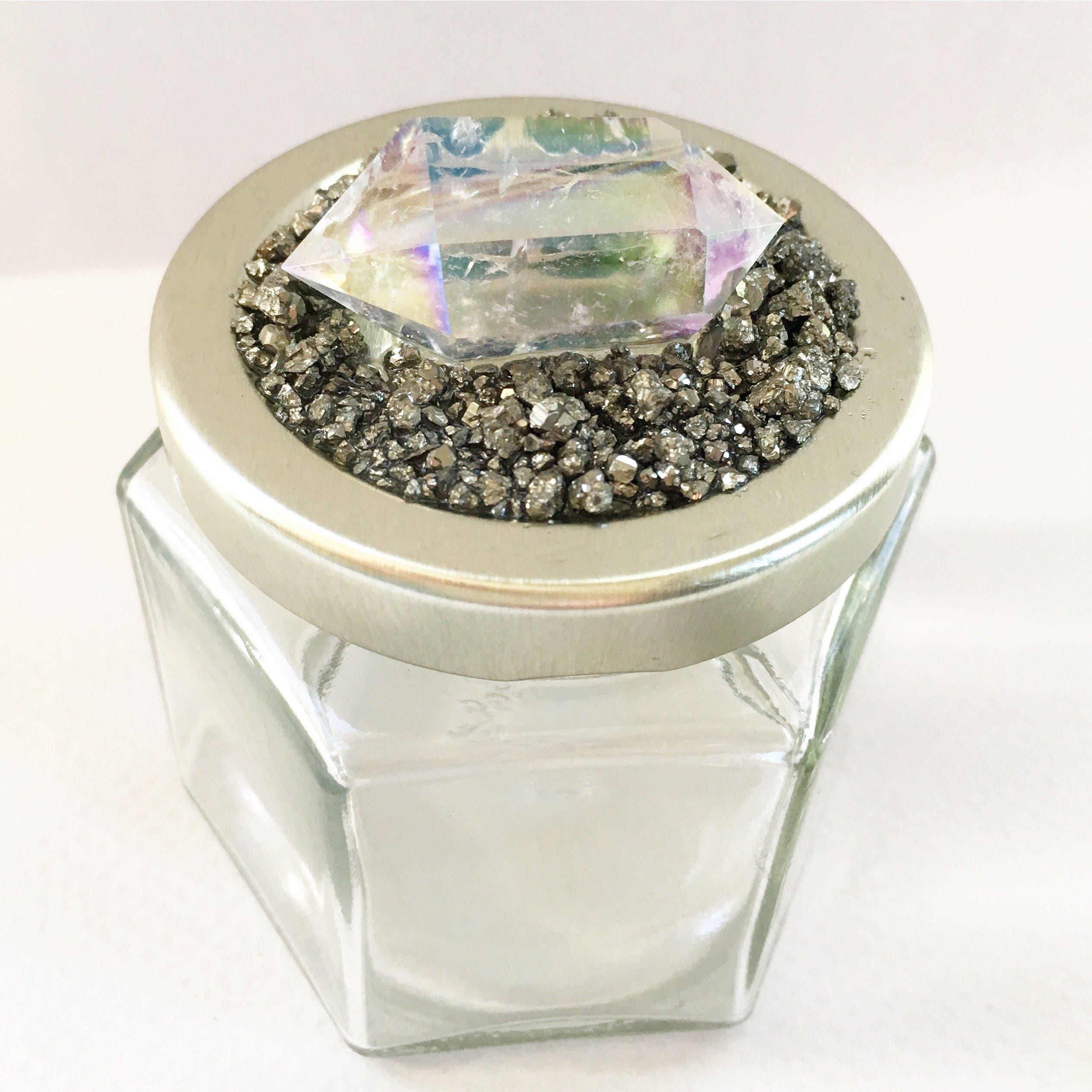 Handmade 4 oz. Jar made with Aura Quartz Double Point