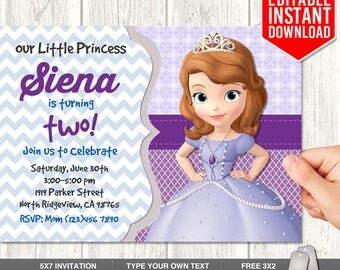 Sofia the First Invitation Instant Download, Sofia First Invites, Sofia the First Birthday Invitation, Sofia Thank You Tags, Editable PDF
