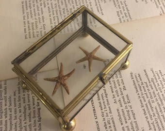 Vintage Glass Trinket Casket Box Brass FREE US SHIPPING