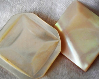 2 ANTIQUE Square Carved Nice Iridescent Color Shell BUTTONS