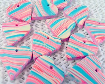 Cotton Candy Marbled Top Drilled 20 mm Handmade Polymer Clay Heart Beads Quantity 10