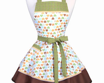 Womens Ruffled Retro Apron - Honey Bees and Hearts Womans Vintage Style Pinup Kitchen Apron to Personalize or Monogram (DP)