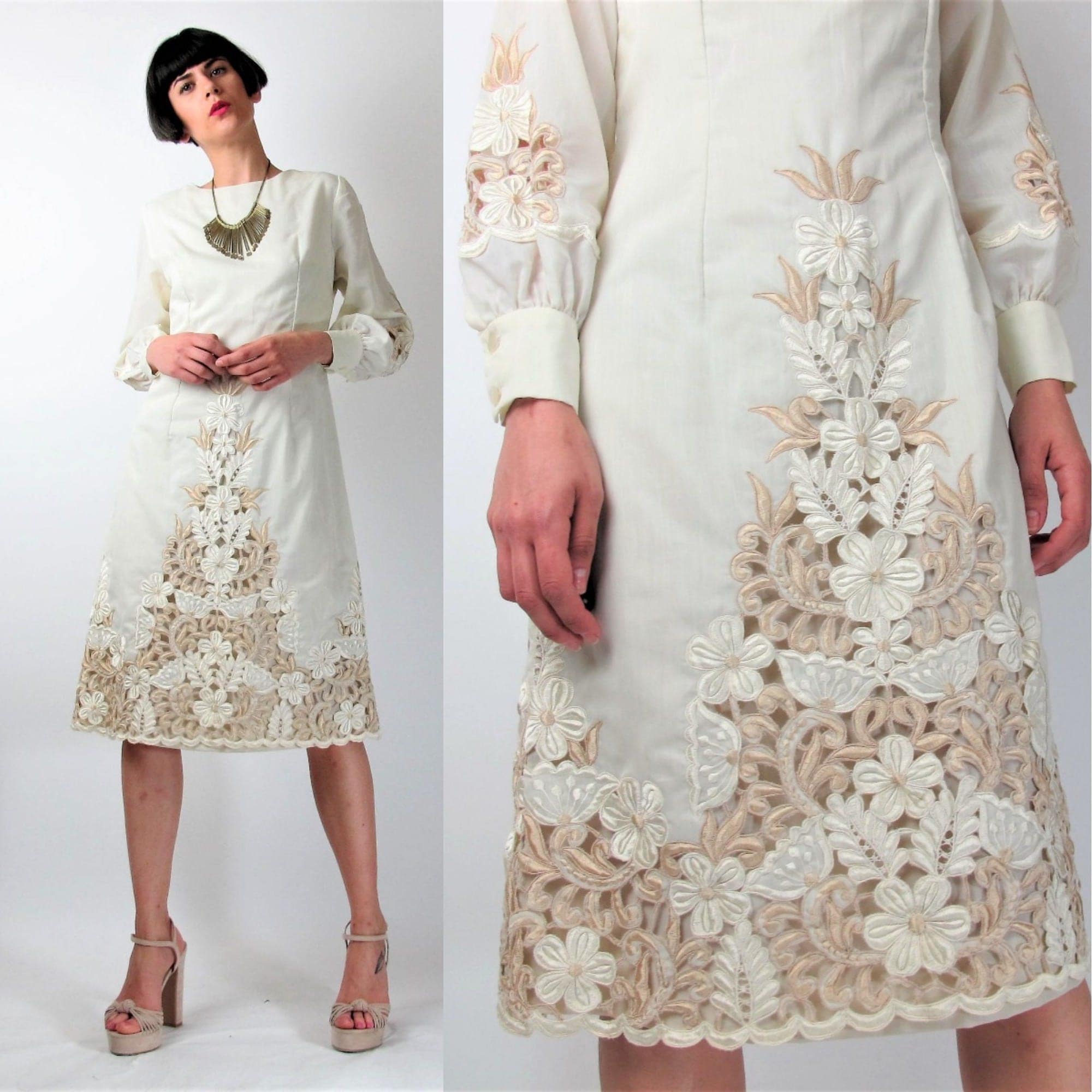 Vintage Floral Embroidered Wedding Dress Cut Out Cutwork Dress