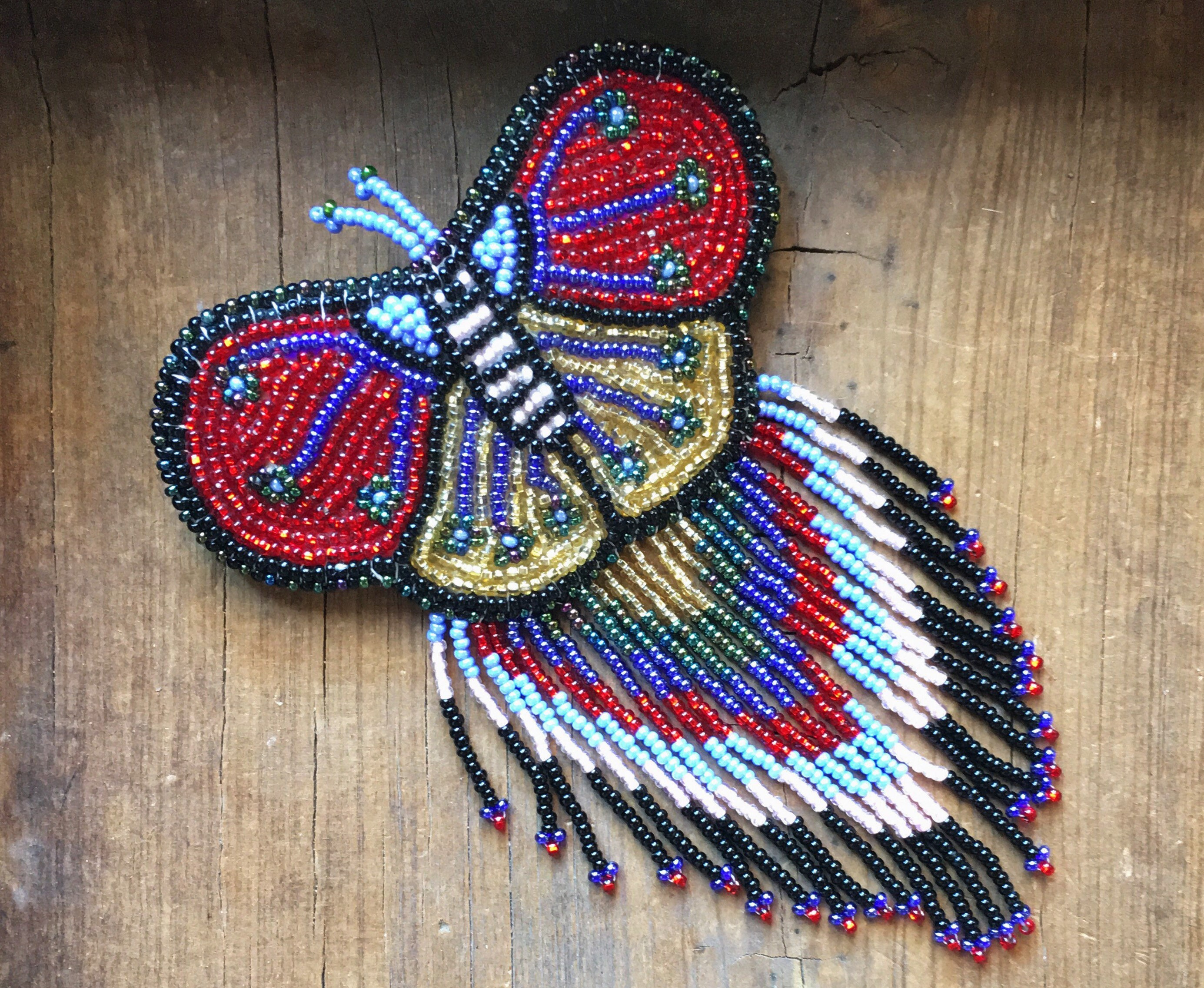 1980s seed bead butterfly hair clip with fringe, Native American