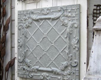 Antique Ceiling Tile. 2'x2' Vintage architectural salvage. FRAMED gray wall decor. Metal wall art. Tin ceiling panel