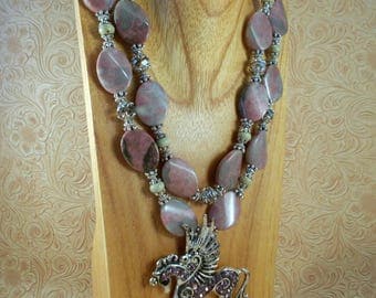 Chunky Western Necklace Set - Pink Rhodonite - Winged Crystal Horse - Cowgirl