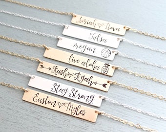 Personalized Bar Necklace. Calligraphy Font Hand Stamped Custom Name Bar Necklace. Mother's Gold Bar Necklace. Hand Lettering Font. Script.