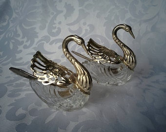 Vintage Swan Salt Cellars, Crystal Swan Salt Cellars, Salt and Sugar Cellars, Silver Salt Cellars