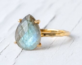 Labradorite Ring Gold, Solitaire Ring, Gemstone Ring, Stacking Ring, Gold Ring, Tear Drop Ring, Prong Set Ring, Unique Ring, Boho Ring