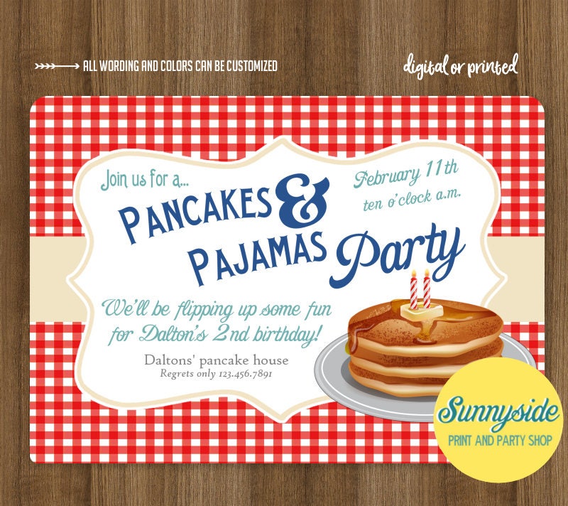 Boys Pancakes and Pajamas birthday party invitation breakfast