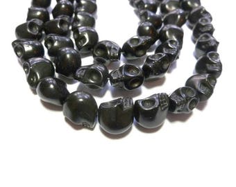 Black Howlite Skull - Skulls - 12mm x 11mm x 10mm - 33 beads - Full Strand - Synthetic Turquoise - Halloween Dia de los Muertos