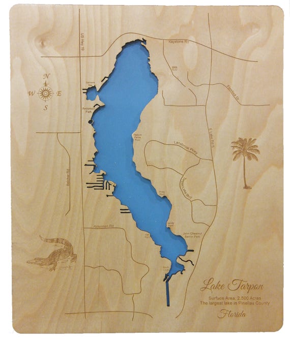 Items similar to Wood Laser Cut Map of Lake Tarpon, Florida