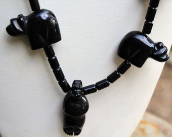 Native American Zuni Hand Carved Black Bear Fetish Necklace