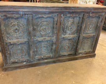 Antique Lotus Carved Distressed Blue Large Sideboards, Media TV Storage Cabinet Console Chest