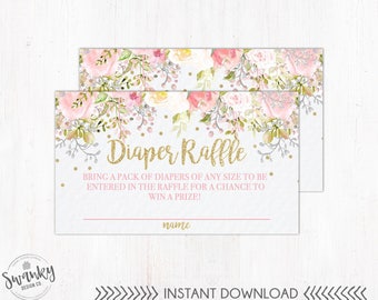 Blush Pink Diaper Raffle Ticket, Foral Diaper Raffle Insert, Pink and Gold Diaper Raffle Ticket, Printable, Instant Download