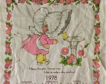 Vintage 1978 Calendar Tea Towel - Pink Yellow White Floral - Linen Girl Bonnet Chick