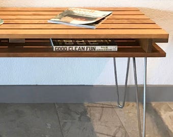 Slat Bench Coffee Table, Mid Century Modern, Retro, Hairpin Legs, TV, Entertainment Center, Media Console
