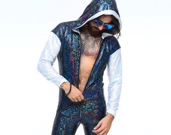 Mens Holographic Jumpsuit | 13 Colors | Burning Man Costume, Holographic Onesies, Mens Festival Clothes, Mens Jumpsuit, Coachella, Rave/EDM