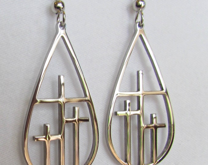 Calvary 3 Three Cross Earrings Necklace Silver Gold Cutout Teardrop Womans Girls Christian Jewlery - Saint Michaels Jewelry