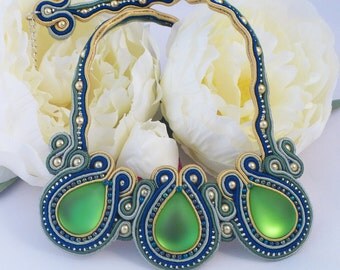 Soutache necklace. Beaded necklace gold, blue and green by MollyG Designs Soutache jewellery. Beaded jewellery. Special occasion necklace.