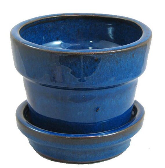 Glazed Ceramic Pot/Saucer Blue 4 3/8 x 4