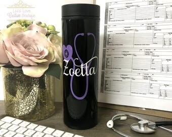 Personalized Nurse Travel Mug - Black Stainless Steel - 16 ounce Coffee to go cup coffee cup mug Cna / Cma / Emt / Medical stethoscope