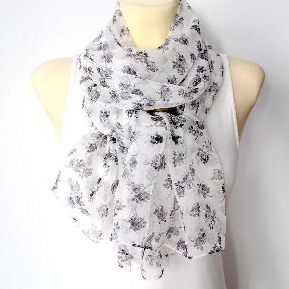 White Silk Scarf Wedding Gift Floral Chiffon Scarf Bridal Gift Summer Outdoor Summer Party Personalized Womens Summer Accessories Gift Women