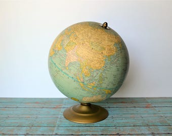 Vintage 9" George F. Cram, Co. Terrestrial Globe On Gold Metal Stand / 1970s