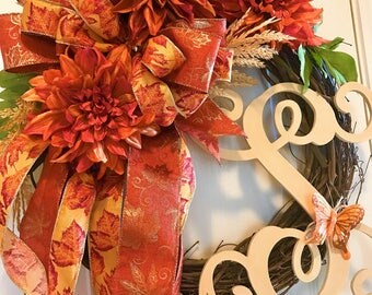 Fall/Autumn Wreath with Beautiful Orange Dahlia Flowers, Butterflies, Pumpkins & Flowing Fall Bow, Monogram Fall Wreath
