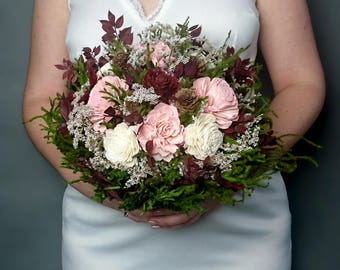 Big rustic wedding BOUQUET ivory burgundy wine blush dusty pink green brown Sola Flower dried flowers cypress cones cedar rose Burlap Lace